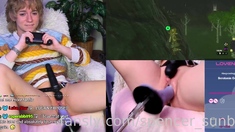 Masturbating blonde teen on couch with big toys