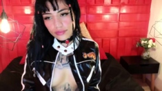 Small titted brunette Sharron with glasses masturbates