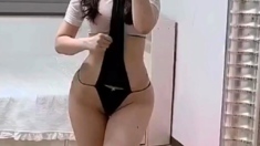 Amateur Busty Brunette Masturbates And Does Hand Job