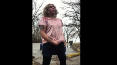 Crossdresser outside jerk off